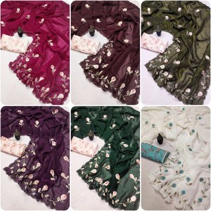 Sari en satin lavande de créateur traditionnel avec chemisier brodé, bordure ornée, coupe ajustée, longueur genou, idéal pour les mariages et les occasions spéciales - Product Image 5