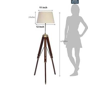 Lampe sur pied en bois avec abat-jour en coton de jute beige, hauteur réglable, finition en laiton antique, vente en gros - Product Image 3