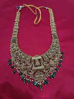 Collier long et boucles d'oreilles de mariée en alliage plaqué or antique, style temple religieux du sud de l'Inde, pour fiançailles, mariage, fête, avec quartz