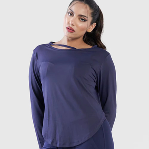 Camiseta informal de tendencia superior para mujer, camiseta azul holgada de manga larga con cuello redondo para mujer - Product Image 1