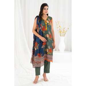 Traje de chifón verde sin costuras de 3 piezas para mujer con decoración de bordado en la parte superior - Product Image 6