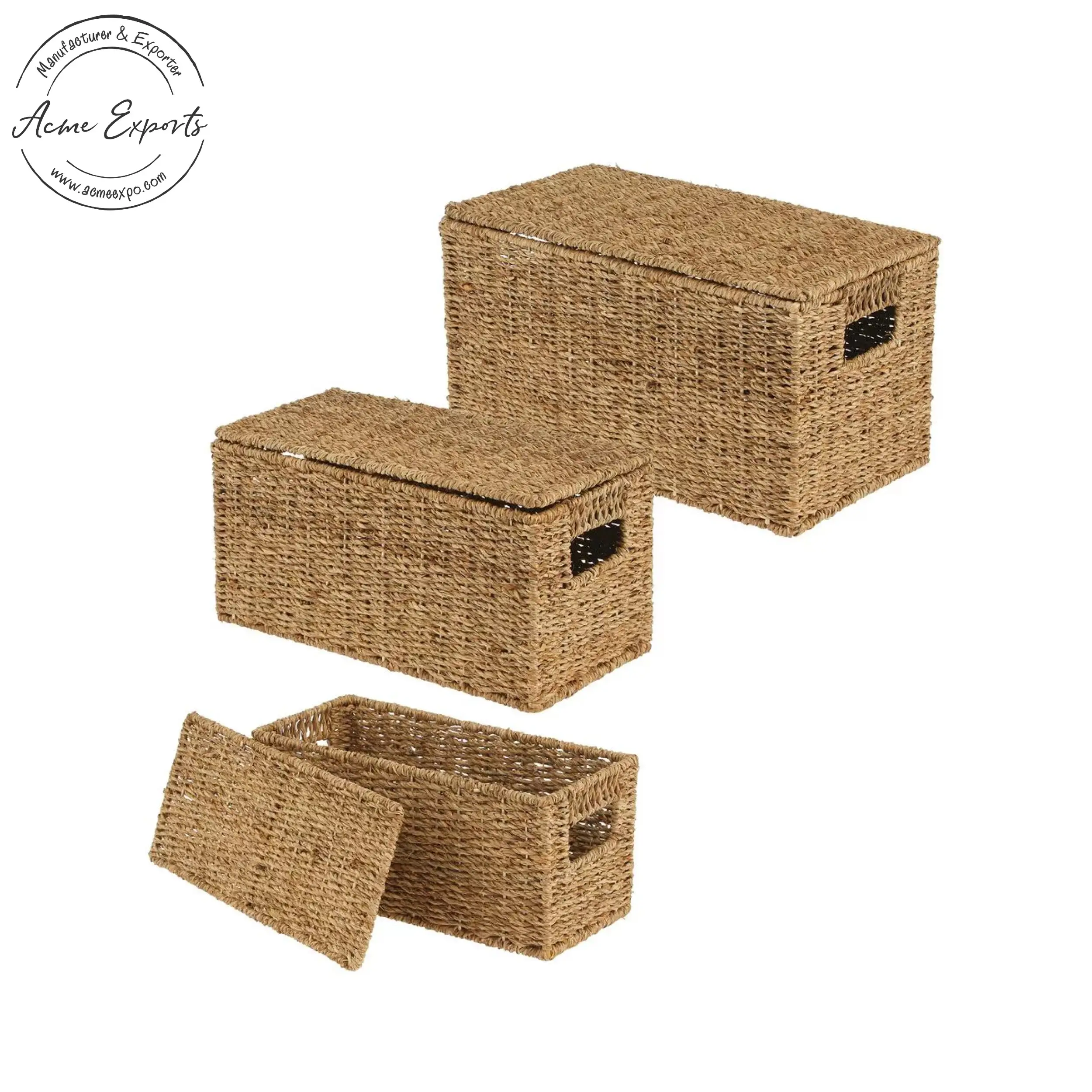 Luxury Quality Set of 3 Handwoven Natural Seagrass Nesting Basket with Removable Lids Used for Bathroom Laundry Room Pantry