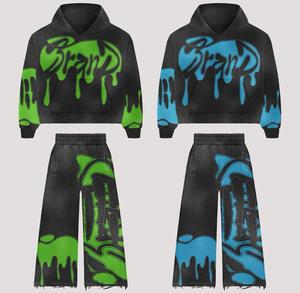 Pantalon de survêtement évasé vintage lavé à l'acide pour hommes, ensemble de sweat à capuche Streetwear sérigraphié survêtement d'hiver délavé au soleil - Product Image 1