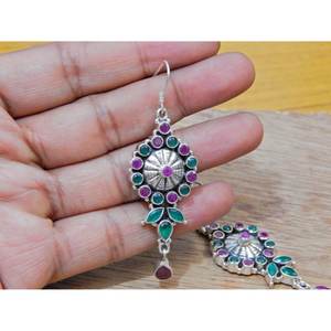 Pendientes Hechos a Mano de Plata de Ley 925 con Esmeralda India, Rubí y Múltiples Piedras, Oro Rosa, Elegante Regalo de Boda para Ella E0672-GS - Product Image 1