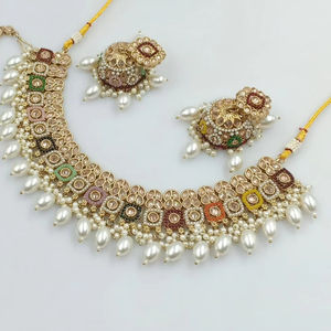 Conjunto de pendientes y collar Magtika Jhumka chapado en oro tradicional indio para mujer, diseño de gota y Perla para fiestas, mujeres y niñas - Product Image 1