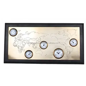 Relógio de parede em folha de metal com acabamento em forma de retângulo preto e dourado, design de mapa, boa qualidade para decoração de casa, preço de atacado