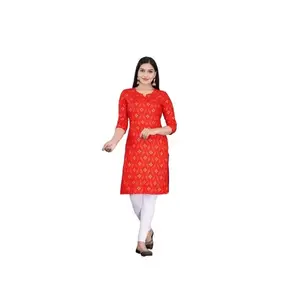 Venda imperdível de roupa étnica Kurti de luxo estampado em algodão para uso em escritório para meninas, fornecimento mundial do exportador indiano