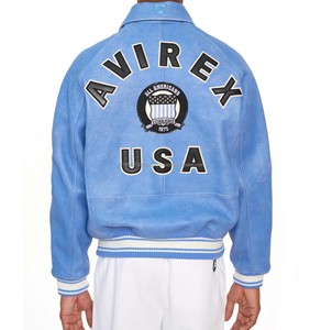 HTTC STORE <b>Men's</b> Blue <b>Suede</b> Bomber <b>Jacket</b> Embroidered Patch Front Zipper Casual Style Winter Wear Eco-Friendly Breathable - Product Image 2