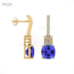 Boucles d'oreilles en pierres précieuses taillées dans un coussin de 6mm, tanzanite éblouissante, or massif 14 carats fait à la main pour fiançailles, bijoux fins - Product Image 2