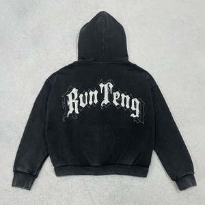 400gsm Heavyweight Vintage Acid Wash Zip Up Hoodie Mens Boxy Cropped Distressed Bordado Patch Hoodie - Product Image 5