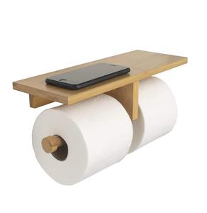 Porte-papier hygiénique avec double porte-rouleau Porte-papier hygiénique en bois mat Étagère de rangement pour papier hygiénique avec lingettes humides - Product Image 1