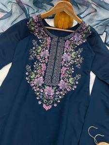 Ropa india de alta calidad para fiestas de verano, con bordado en el cuello, tela de georgette de seda gruesa, que absorbe la humedad. - Product Image 6