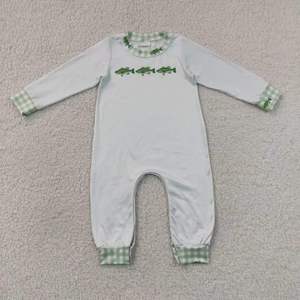 Combinaison pour bébés garçons, automne-printemps, vert gingham, imprimé poisson, poche, manches longues, combinaison une pièce pour un usage quotidien en plein air - Product Image 2