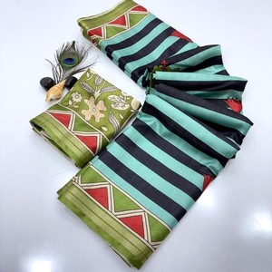 Sari de Seda Suave VASTRA COTTAGE con Estampados a Rayas, Borde Tejido con Zari, Estampados Kalamkari en el Pallu y Blusa en Contraste - Product Image 1