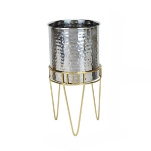 Gran oferta de maceta redonda martillada de plata y metal con soporte dorado a bajo precio para decoración de bodas en el hogar - Product Image 1