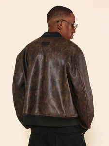 OEM <b>Men</b> Fur Collar <b>Sheepskin</b> Faux Leather Bomber <b>Jacket</b> Bomber Letterman Baseball Style to Keep Warm - Product Image 3