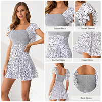 Robe Courte Femme à Pois Col Carré Manches Volantes Décontractée Taille Froncée Coupe Évasée Fournisseur OEM ODM