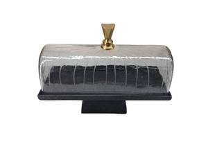 Support à gâteau en bois écologique fait à la main avec cloche en verre, support de présentation de dessert carré noir et or pour boulangerie - Product Image 4