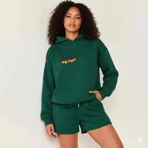 Conjunto de Sudadera con Capucha y Pantalones Cortos Extra Grandes para Mujer, Suave y Transpirable, 100% Algodón, Estilo Casual Sólido para Verano, Ajuste Relajado, Atuendo Urbano Moderno - Product Image 6