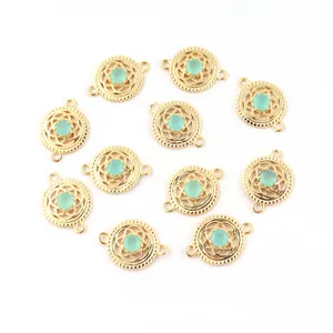 Indian jewelry supply charms round stone aqua chalcedony diy designer connector gold plated claw setting double loop connectors