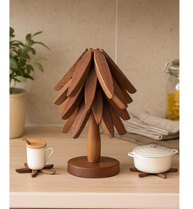 Natural <b>Wooden</b> Coaster Set of 4 With Tree Design Includes Stackable <b>Trivets</b> For Hot Dishes And Table Use From India - Product Image 1