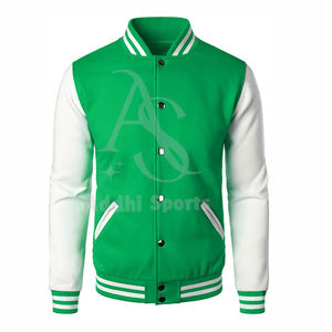 แจ็คเก็ตเบสบอลด้านหน้าผ้าขนสัตว์100% สีเขียวสีขาวของผู้ชายเสื้อแจ๊กเก็ตสไตล์วิทยาลัยเลตเทอร์แมนบริการ OEM - Product Image 1