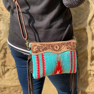 Diseñador Aztec Saddle Blanket Bolso de cuero Mano Tooled Cuero Fringe Sling Bolso Estilo occidental Crossbody Bolso - Product Image 2