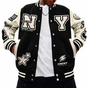 SINEWY SPORTS <b>Men's</b> Varsity <b>Jacket</b> Black Cream Embroidered <b>Letter</b> Patch Design Preppy Style Turn-down Collar Regular Fit - Product Image 1
