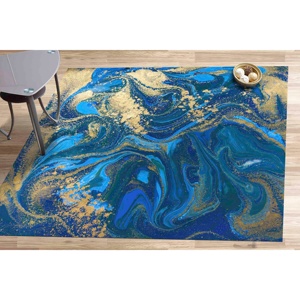 Alfombra con estampado de mármol dorado: Entrada, Salón, Azul y Dorado, Diseño con tinta alcohólica, Alfombra de terciopelo - Product Image 1