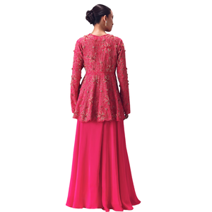 Peplum de seda cruda rosa con pantalones Palazzo circulares dobles, venta al por mayor de Ropa Étnica OEM para mujer, proveedor de fábrica, atuendo personalizado - Product Image 5