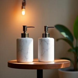 Ensemble de distributeurs de savon en marbre blanc de luxe avec pompe en métal pour hôtel, complexe hôtelier et spa - Product Image 3