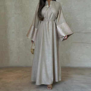 <b>Women</b> Modest Silk Dubai Long Sleeve Anti-Wrinkle Abaya <b>Dress</b> Islamic Clothing Factory Designed Silk Belt Embroidery <b>Muslim</b> - Product Image 5