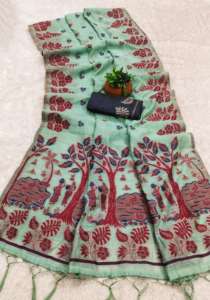 Nouveau Sari Indien pour Femme en Tissu de Soie de Coton Muga Doux, Motif Classique Tendance et Fantaisie Floral, avec Broderie Latkan et Effet Drapé Instantané - Product Image 3