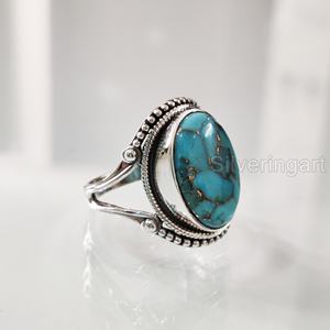 Women's Ring Natural Blue <b>Copper</b> Turquoise Gemstone December Birthstone Bohemian <b>Band</b> Handmade Jewelry 925 Sterling Silver Ring - Product Image 1