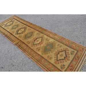 Turkish Vintage <b>Runner</b> Rug 3x9.4 ft, Brown <b>Green</b> Patchwork Wool Rug - Product Image 3