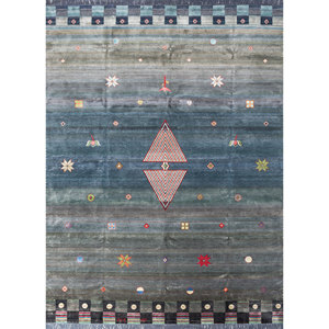 Tapis géométrique bleu Freedom Manchaha noué à la main en laine et soie de bambou pour salon ou couloir - Les-8308 - Product Image 1