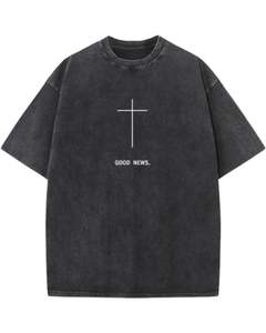 T-shirt surdimensionné en coton lavé personnalisé par le fabricant, imprimé croix noire, Good News Streetwear, look vintage, vente en gros personnalisée - Product Image 1