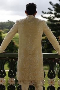 BEAUTIFUL DESIGNER ZARI HEAVY EMBROIDERY on GROOM SHERWANI,<b>PANT</b> & TURBAN WITH EMBELLISHED CRYSTAL GLASS BEADS,DABKA WORK=2024 - Product Image 3
