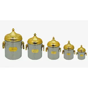 Juego de 5 Recipientes para Almacenamiento de Alimentos de Acero Inoxidable Dorado y Plateado, Utensilios de Cocina Árabes, Diseño Moderno, Presentes, Tapa Extraíble, Apto para Calentar - Product Image 2