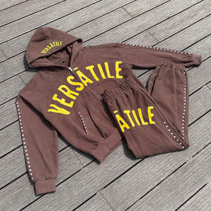 Custom Logo Stacked Flared Sweatpants Pullover Hoodie Set Rhinestones Acid <b>Wash</b> 3D Puff Print Men 100% Cotton Embroidered - Product Image 2