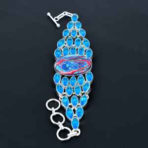 Bracelet en calcédoine arc-en-ciel naturel avec topaze bleue, pierre de naissance de décembre, pierre précieuse, bracelet en argent sterling 925 fait à la main pour elle - Product Image 3