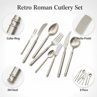 Ensemble de couverts rétro en acier inoxydable à poignée ronde, 8 pièces, finition mate forgée, couteau, fourchette, cuillère, vente en gros pour hôtels