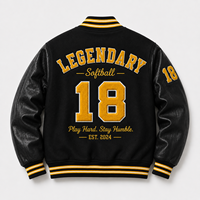 Jaket Varsity Wol Hitam Kustom Pria Lengan Kulit Tekstur 3D Jaket Letterman Bordir Chenille Jaket Baseball Pabrik OEM