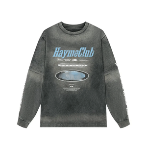 Style tendance haute qualité Double couche O cou 100% coton à manches longues Streetwear en détresse surdimensionné hommes t-shirt - Product Image 5