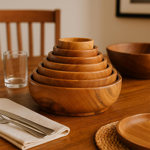 Cuenco de madera de caoba natural 7 Inc x 7 Inc Cucharas elegantes de forma redonda Acabado de madera hecho a mano Ideal para servir comida de la India - Product Image 5