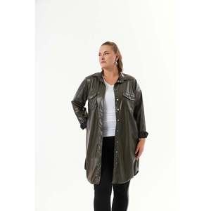 Chemise tunique oversize en similicuir pour femme RMG, couleur kaki, avec fermetures à boutons pression et fentes latérales, haut tendance grande taille pour un usage décontracté - Product Image 1