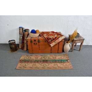 1.7x4.4 ft Vintage Rug, Turkish Small Rug, <b>Brown</b> Patchwork <b>Wool</b> Rug - Product Image 2