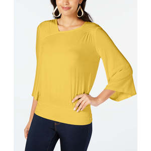 Top Giallo da Donna Thalia Sodi con Maniche a Campana, Collo Alto, Motivo Tinta Unita, in Chiffon di Poliestere Intrecciato, Taglia XL, per Primavera Autunno Stile Y2K - Product Image 1