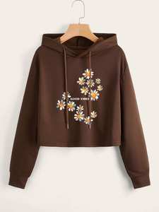 Sweat-shirt court décontracté 100% coton pour femmes, manches longues, épaules dénudées, pulls molletonnés - Product Image 3