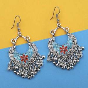 Tip Top <b>Fashions</b> 1312435F Blue and Red Silver Plated Meenakari <b>Hoop</b> <b>Earrings</b> Stylish Afghani Design - Product Image 1